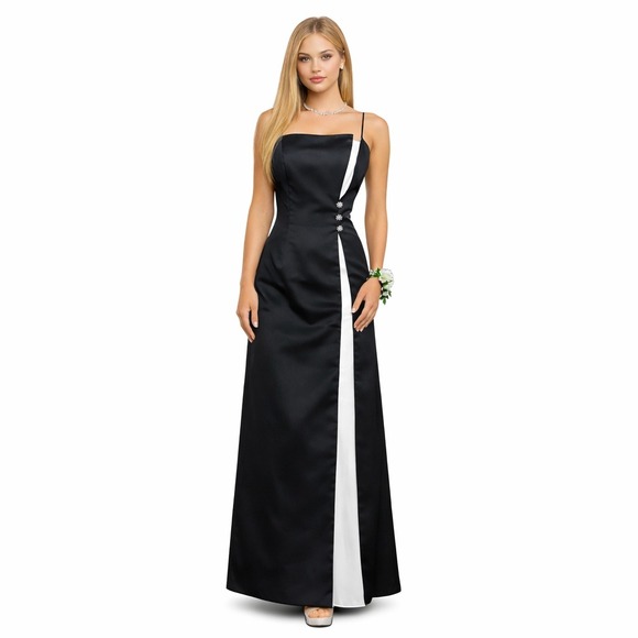 Vtg Y2K Betsy Adam Prom Dress 10 Black White Satin Maxi Gown Rhinestone 90s  Goth